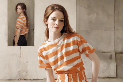 orange robes,girl-in-pop-art,horizontal stripes,orange,photo session in torn clothes,mannequins,doll looking in mirror,striped background,doll's facial features,video clip,model doll,advertising clothes,porcelain dolls,mirroring,video scene,fashion doll,stripes,orange half,porcelain doll,orange color,Photography,Polaroid