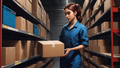 warehouseman,female worker,mail clerk,distributor,logistic,courier software,employee,drop shipping,supply chain,auditor,telephone operator,clerk,united states postal service,courier driver,parcel service,warehouse,packaging and labeling,worker,parcel post,blue-collar worker,Conceptual Art,Fantasy,Fantasy 17