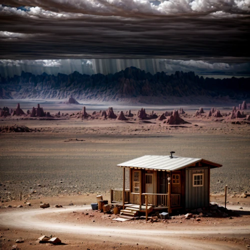 arid land,arid landscape,the gobi desert,mobile home,gobi desert,mojave desert,arid,high desert,the atacama desert,post-apocalyptic landscape,glen canyon,unhoused,dunes house,mojave,tourist camp,travel trailer poster,capture desert,badlands,desertification,the desert