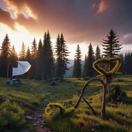 mushroom landscape,scythe,salt meadow landscape,fantasy landscape,skyrim,3d archery,landscape background,druid grove,collected game assets,the mystical path,virtual landscape,plains,adventure game,game art,northrend,wander,sundial,runestone,stone circles,alpine sunset,Photography,General,Realistic