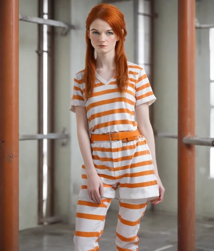 prisoner,jumpsuit,prison,onesie,orange,pajamas,orange robes,clary,handcuffed,yellow jumpsuit,liberty cotton,detention,pjs,onesies,overalls,horizontal stripes,stripped leggings,shackles,redhead doll,girl in overalls,Photography,Natural