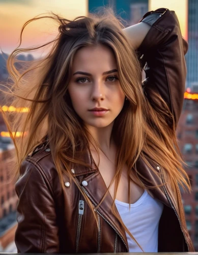 young woman,leather jacket,burning hair,beautiful young woman,girl portrait,romantic look,portrait photography,teen,pretty young woman,portrait background,on the roof,model beauty,portrait photographers,beautiful model,caramel color,female model,relaxed young girl,smooth hair,romantic portrait,photographic background,Photography,General,Realistic