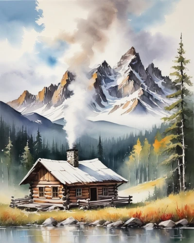 home landscape,house in mountains,mountain scene,landscape background,mountain hut,mountain landscape,salt meadow landscape,mountain settlement,church painting,house in the mountains,log cabin,autumn landscape,the cabin in the mountains,fall landscape,mountain huts,autumn mountains,alpine hut,art painting,nature landscape,cottage,Illustration,Paper based,Paper Based 11