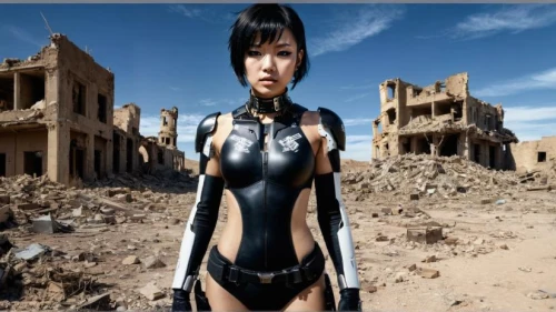 latex clothing,asian woman,cybernetics,post apocalyptic,humanoid,asian vision,sidonia,sci fi,wasteland,fallout4,female warrior,mongolian,chinese background,asian girl,hard woman,destroyed city,streampunk,anime 3d,alien warrior,metal implants