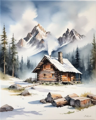 log cabin,mountain hut,alpine hut,mountain huts,salt meadow landscape,the cabin in the mountains,landscape background,mountain settlement,mountain scene,house in mountains,log home,winter house,winter landscape,snow house,world digital painting,winter background,home landscape,alpine village,house in the mountains,small cabin,Illustration,Paper based,Paper Based 11