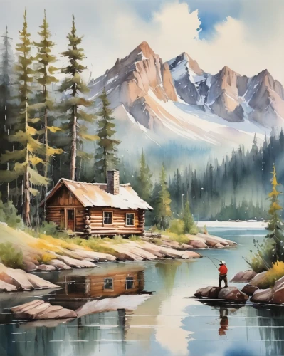 house with lake,home landscape,landscape background,mountain scene,art painting,the cabin in the mountains,salt meadow landscape,painting technique,summer cottage,oil painting on canvas,log cabin,oil painting,house in mountains,small cabin,emerald lake,church painting,mountain lake,cottage,world digital painting,nature landscape,Illustration,Paper based,Paper Based 11