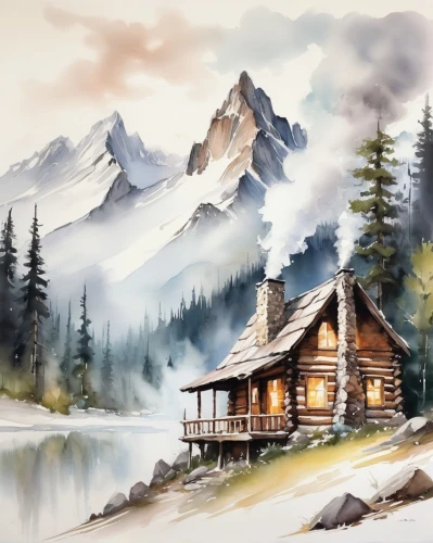 the cabin in the mountains,log cabin,log home,watercolor background,house in mountains,mountain hut,home landscape,landscape background,mountain scene,house in the mountains,mountain huts,small cabin,summer cottage,house with lake,watercolor,watercolor painting,church painting,cottage,mountain landscape,salt meadow landscape,Illustration,Paper based,Paper Based 11