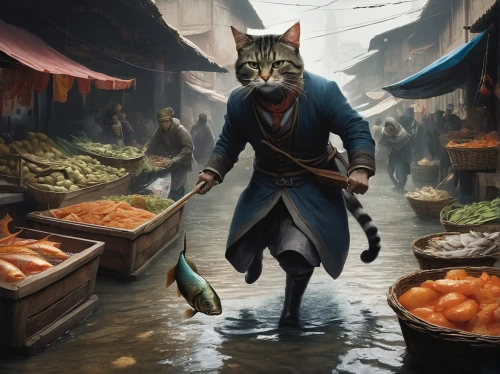 fishmonger,fish market,fish-surgeon,merchant,laksa,oktoberfest cats,street cat,fresh fish,fish supply,alley cat,the pied piper of hamelin,étouffée,game illustration,thames trader,figaro,fisherman,world digital painting,ritriver and the cat,fantasy picture,cat warrior,Conceptual Art,Fantasy,Fantasy 11