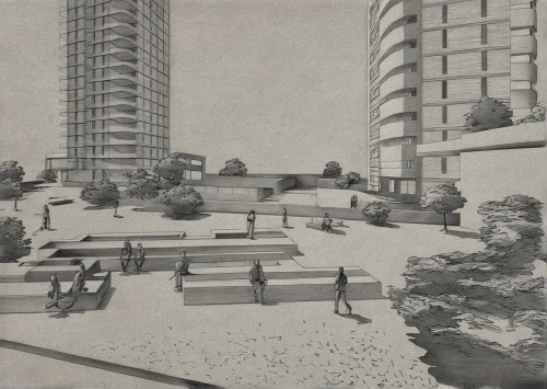 habitat 67,brutalist architecture,battery gardens,matruschka,roof garden,model years 1958 to 1967,landscape plan,concrete construction,roof terrace,terrace,scale model,barangaroo,artificial island,japanese zen garden,zen garden,year of construction 1954 – 1962,terraces,herman park,terraced,estate,Design Sketch,Design Sketch,Pencil