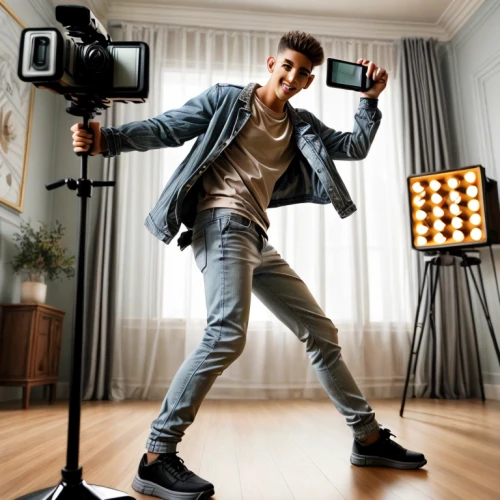 camera stand,videographer,visual effect lighting,photo shoot on the floor,cinematographer,b-boying,scene lighting,hip-hop dance,camera man,canon speedlite,man holding gun and light,athletic dance move,external flash,the living room of a photographer,photo equipment with full-size,camera photographer,light stand,male poses for drawing,video camera light,video high chou