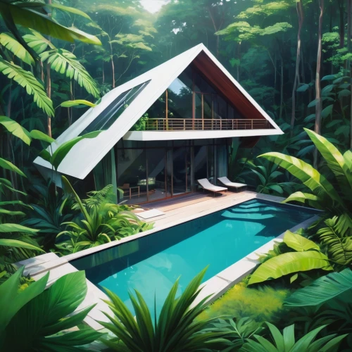 tropical house,pool house,cabana,tropical greens,tropics,holiday villa,tropical island,inverted cottage,house in the forest,summer house,mid century house,bungalow,summer cottage,island suspended,resort,render,luxury property,floating huts,tropical jungle,aqua studio,Conceptual Art,Fantasy,Fantasy 19