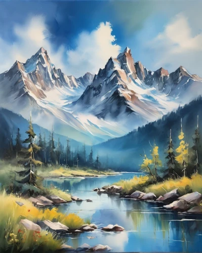 mountain landscape,mountain scene,landscape background,salt meadow landscape,mountainous landscape,painting technique,river landscape,high landscape,nature landscape,autumn mountains,natural landscape,panoramic landscape,mountain range,mountains,forest landscape,art painting,moraine,landscape,landscape nature,landscape mountains alps,Illustration,Paper based,Paper Based 11