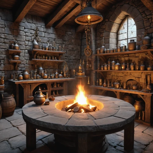 apothecary,candlemaker,potions,tavern,hobbiton,brandy shop,wine cellar,collected game assets,fireplaces,distillation,stone oven,hearth,alchemy,victorian kitchen,tinsmith,blackhouse,blacksmith,flagon,cellar,kitchen interior,Photography,General,Realistic