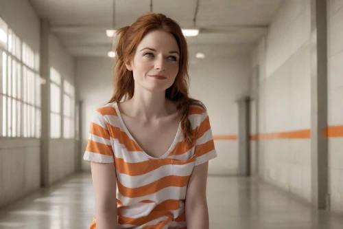 clary,redhead doll,clementine,video scene,orange,the girl at the station,girl in t-shirt,liberty cotton,redheaded,horizontal stripes,cotton top,bright orange,maci,orange color,young woman,striped background,main character,girl in a long,orange robes,the girl in nightie,Photography,Natural