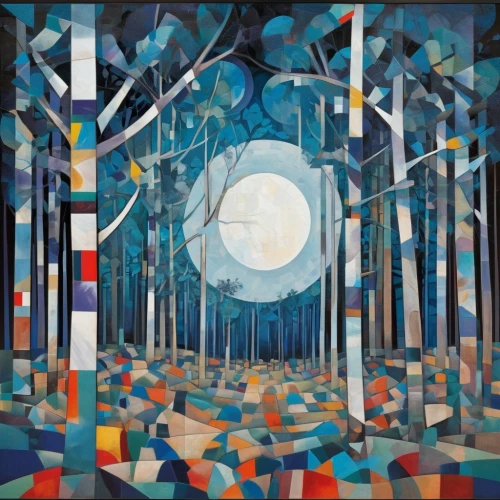 birch forest,frutti di bosco,night scene,panoramical,forest landscape,hanging moon,shirakami-sanchi,forest of dreams,carol colman,moonlit night,birch trees,birch alley,winter forest,herfstanemoon,blue moon,kaleidoscope,phase of the moon,escher,tree grove,the forests,Art,Artistic Painting,Artistic Painting 46