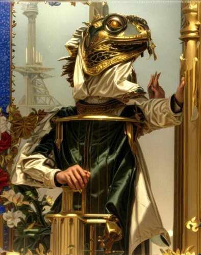 golden dragon,frog king,angel moroni,frog prince,emperor,magistrate,high priest,pope,the carnival of venice,admiral von tromp,napoleon bonaparte,gold lacquer,baroque,scales of justice,archimandrite,emperor snake,bellboy,imperial coat,golden frame,concierge