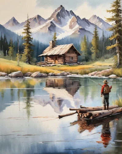 salt meadow landscape,church painting,oil painting,oil painting on canvas,maligne lake,painting technique,mountain scene,oil on canvas,landscape background,emerald lake,home landscape,swiftcurrent lake,art painting,fishing float,house with lake,painting,montana,the cabin in the mountains,banff,log cabin,Illustration,Paper based,Paper Based 11