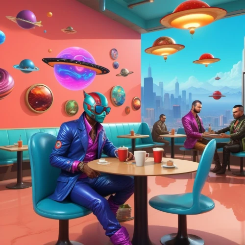 retro diner,ufo interior,sky space concept,the coffee shop,diner,soda shop,atom,superhero background,spacefill,neon coffee,rosa cantina,fast food restaurant,neon human resources,neon cocktails,neon drinks,coffee shop,ice cream shop,drive in restaurant,cosmetics counter,men sitting