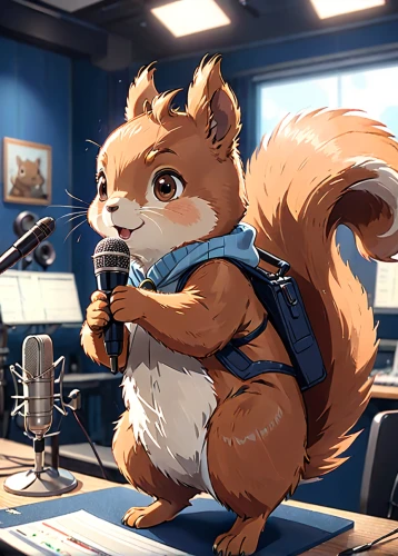 announcer,musical rodent,microphone,singing,mic,recording studio,radio set,student with mic,radio,broadcasting,newscaster,recording,singer,musician,music studio,karaoke,recoding,sound engineer,vocals,sound studio,Anime,Anime,Realistic