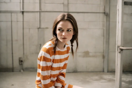 prisoner,onesie,horizontal stripes,pajamas,handcuffed,photo session in torn clothes,onesies,stripped leggings,orange,orange robes,tied up,prison,detention,hard candy,sweatshirt,slow loris,pjs,stripes,long-sleeved t-shirt,striped background,Photography,Natural