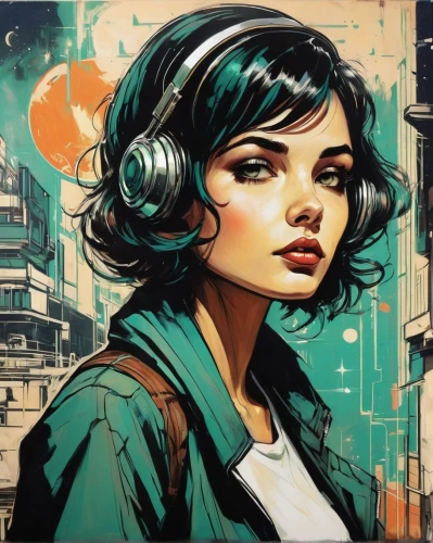 transistor,headphone,headphones,listening to music,retro girl,retro music,girl with speech bubble,music background,music player,audiophile,audio player,cyberpunk,graffiti art,retro woman,music,echo,transistor checking,stereophonic sound,graffiti,city ​​portrait,Illustration,Realistic Fantasy,Realistic Fantasy 23