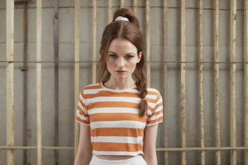 pippi longstocking,horizontal stripes,liberty cotton,striped background,stripes,artificial hair integrations,isolated t-shirt,pigtail,redhead doll,daisy 2,updo,girl in t-shirt,daisy 1,cotton top,long-sleeved t-shirt,striped,hair ribbon,prisoner,daisy,orange cream,Photography,Realistic