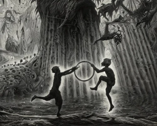 the roots of trees,danse macabre,encounter,cirque du soleil,primeval times,sci fiction illustration,haunted forest,creatures,rope swing,slave island,game illustration,roots,tree of life,predation,the roots of the mangrove trees,dark world,hanging elves,dance of death,battling ropes,rooted,Art sketch,Art sketch,Fantasy