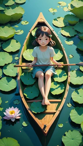 lily pad,paper boat,water lotus,lotus on pond,raft,fishing float,canoeing,canoe,little boat,rowboat,waterlily,row boat,water lily,white water lilies,water lilies,baby float,boat landscape,world digital painting,giant water lily,perched on a log,Illustration,Realistic Fantasy,Realistic Fantasy 12