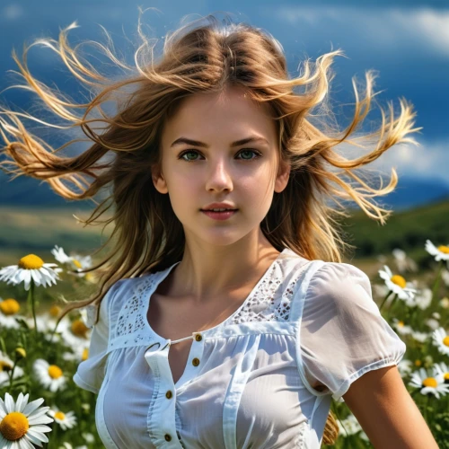 beautiful girl with flowers,girl in flowers,daisies,daisy flowers,meadow daisy,white daisies,daisy flower,flower background,meadow,mayweed,photoshop manipulation,windflower,meadow flowers,wild flower,little girl in wind,daisy 2,daisy,daisy heart,flower field,wild flowers,Photography,General,Realistic