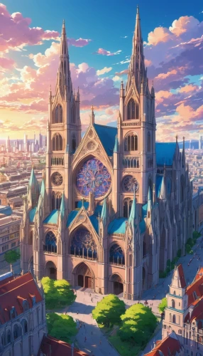 notre dame,violet evergarden,cathedral,duomo,notre-dame,cityscape,gothic architecture,fantasy city,gothic church,notredame de paris,the cathedral,city view,colorful city,fantasy world,sky city,basilica,uruburu,arc,new castle,ancient city,Illustration,Japanese style,Japanese Style 03