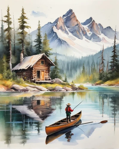 boat landscape,fishing float,emerald lake,painting technique,church painting,canoeing,house with lake,maligne lake,landscape background,home landscape,art painting,mountain scene,summer cottage,mountain lake,oil painting on canvas,watercolor background,kayaking,oil painting,canoe,log cabin,Illustration,Paper based,Paper Based 11