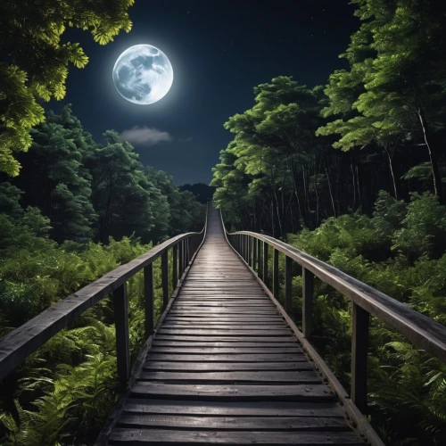 wooden bridge,moonlit night,the mystical path,the night of kupala,tree top path,moon photography,moon walk,moonlit,full moon,hanging moon,wooden path,the path,moon and star background,blue moon,fantasy picture,jacob's ladder,night image,photo manipulation,moonscape,moon night