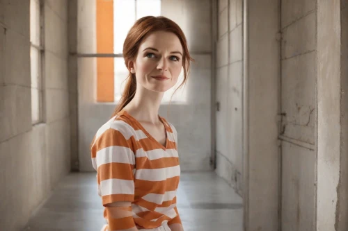 orange robes,clary,video scene,prisoner,horizontal stripes,orange,the girl at the station,clove,redheaded,daisy 2,prison,striped background,british actress,redhead doll,video clip,the girl in nightie,main character,liberty cotton,redheads,girl on the stairs,Photography,Natural