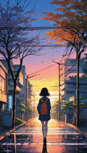 girl walking away,walk,daybreak,violet evergarden,sakura background,yellow sky,studio ghibli,atmosphere,pedestrian,japanese sakura background,dawn,芦ﾉ湖,euphonium,lonely child,sidewalk,evening atmosphere,lone,stroll,sunset,blue rain,Illustration,Japanese style,Japanese Style 04