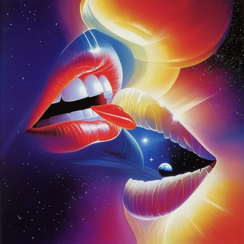 kiss,space art,italian poster,mother kiss,starship,scene cosmic,girl kiss,lips,cosmic,kissing,psychedelic art,dimensional,outer space,life stage icon,galaxy collision,lip,cosmic eye,80's design,airbrushed,oil painting on canvas,Conceptual Art,Sci-Fi,Sci-Fi 16