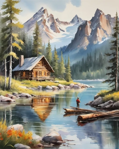 home landscape,church painting,landscape background,house with lake,painting technique,salt meadow landscape,mountain scene,the cabin in the mountains,log cabin,summer cottage,house in mountains,oil painting on canvas,oil painting,art painting,emerald lake,house in the mountains,mountain landscape,oil on canvas,mountain lake,cottage,Illustration,Paper based,Paper Based 11