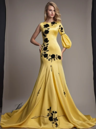 evening dress,gold yellow rose,dress form,ball gown,gown,gold filigree,yellow jumpsuit,yellow and black,blossom gold foil,quinceanera dresses,bridal party dress,fashion illustration,fashion design,robe,yellow chrysanthemum,girl in a long dress,overskirt,long dress,yellow rose,flower gold,Photography,General,Realistic