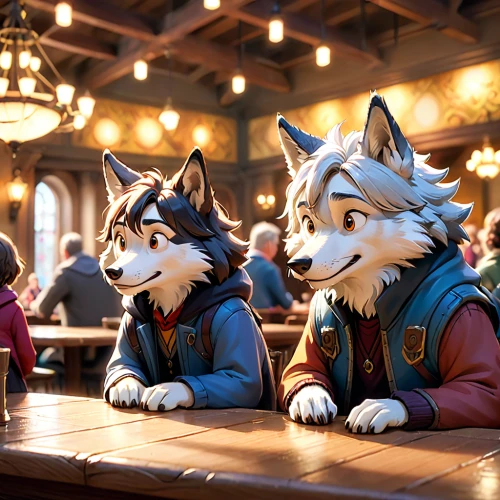 wolf couple,tavern,pub,two wolves,dinner for two,huskies,drinking establishment,laika,wolves,gnomes at table,wine tavern,the pub,lodge,date night,furta,diner,dining,russo-european laika,drinking party,howl,Anime,Anime,Cartoon