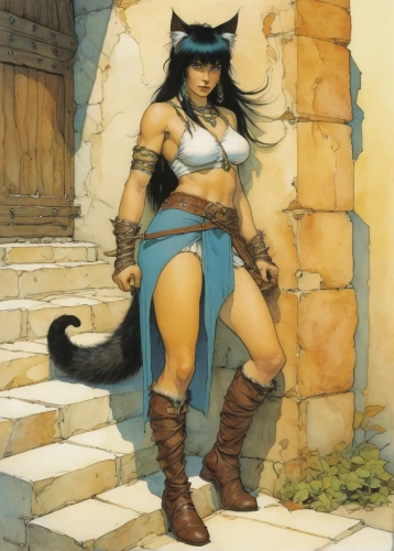 cat warrior,female warrior,kat,huntress,fantasy woman,cat tail,aegean cat,stray cat,feline,swordswoman,domestic short-haired cat,tiber riven,fantasy portrait,elza,fantasy warrior,mara,feral cat,adventurer,cave girl,dark elf,Illustration,Realistic Fantasy,Realistic Fantasy 04