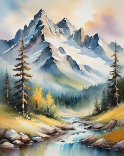 mountain landscape,mountain scene,salt meadow landscape,landscape background,mountainous landscape,autumn mountains,nature landscape,natural landscape,watercolor background,painting technique,high landscape,forest landscape,river landscape,autumn landscape,landscape nature,mountain range,fall landscape,art painting,landscapes,mountain meadow,Illustration,Paper based,Paper Based 11