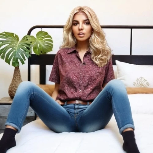 in a shirt,ripped jeans,denim,jeans,denim jeans,blonde woman,jeans background,high jeans,cool blonde,sofa,blonde on the chair,kim,hairy blonde,lisaswardrobe,denim and lace,skinny jeans,crossed legs,legs crossed,girl in bed,long blonde hair
