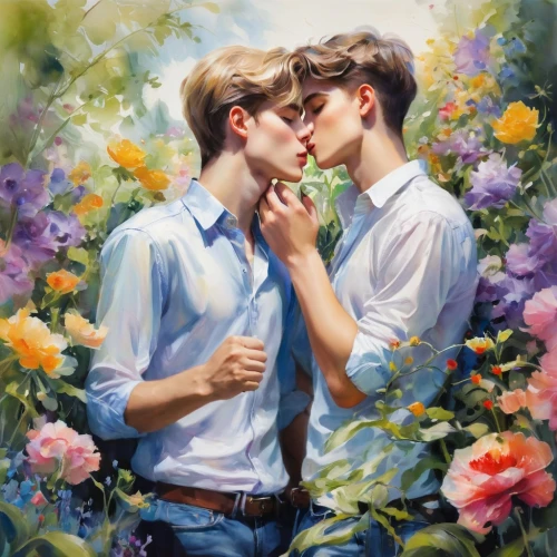 hydrangeas,gay love,glbt,kiss flowers,gay couple,young couple,romantic portrait,scent of roses,floral heart,floral greeting,hydrangea,florist gayfeather,kissing,holding flowers,bouquets,soft pastel,garden of eden,oil painting on canvas,cheek kissing,oil on canvas