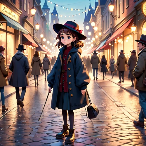 akko,pinocchio,french digital background,shanghai disney,studio ghibli,christmas messenger,world digital painting,disney character,little girl with umbrella,kids illustration,harajuku,cg artwork,anime japanese clothing,winter clothes,girl wearing hat,winter clothing,little girl in wind,pilgrim,figaro,christmas town,Anime,Anime,Cartoon