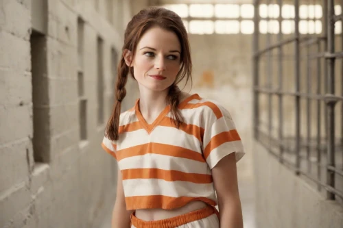 prisoner,girl in t-shirt,detention,prison,drug rehabilitation,long-sleeved t-shirt,photo session in torn clothes,horizontal stripes,striped background,orange,isolated t-shirt,lori,beautiful girl,polo shirt,women clothes,handcuffed,bad girl,beautiful young woman,clementine,liberty cotton,Photography,Cinematic