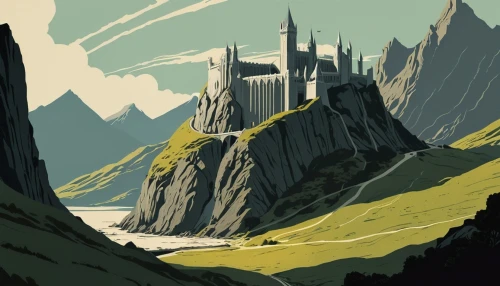 hogwarts,castles,ruined castle,knight's castle,highlands,mountains,travel poster,imperial shores,castle bran,castel,summit castle,high mountains,castle,mountain settlement,castle of the corvin,stone towers,fantasy landscape,jrr tolkien,detail shot,giant mountains,Illustration,Japanese style,Japanese Style 08
