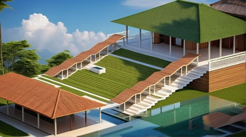 holiday villa,residential house,3d rendering,pool house,roof landscape,modern house,tropical house,over water bungalow,eco-construction,house with lake,cube stilt houses,stilt house,grass roof,maldives mvr,over water bungalows,eco hotel,floating huts,stilt houses,villa,house roof,Photography,General,Realistic
