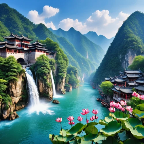 guilin,guizhou,chinese architecture,yunnan,mountainous landscape,wuyi,gioc village waterfall,chinese art,beautiful landscape,mountain landscape,asian architecture,danyang eight scenic,chongqing,shaanxi province,river landscape,water lotus,oriental,landscape background,chinese temple,beautiful japan,Photography,General,Realistic