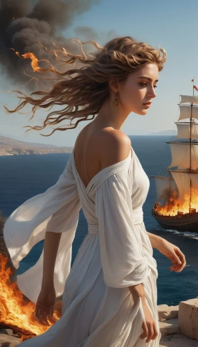 fantasy picture,the wind from the sea,fantasy art,the conflagration,sea fantasy,flame spirit,greek mythology,tour to the sirens,wind warrior,scarlet sail,little girl in wind,world digital painting,greek myth,girl on the boat,sailer,torch-bearer,sailing ship,fire dance,seafaring,sea sailing ship,Conceptual Art,Fantasy,Fantasy 11