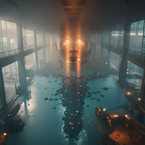 aqua studio,atlantis,shower of sparks,fire and water,futuristic art museum,passengers,floor fountain,thermae,battleship,heavy water factory,el tatio,ufo interior,aquarium,mining facility,fire-fighting,apiarium,spa,infinity swimming pool,volcano pool,cinematic,Photography,General,Realistic