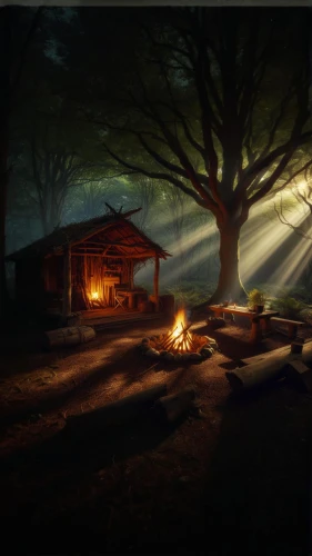 evening atmosphere,night scene,campfires,home landscape,campsite,landscape background,campfire,house in the forest,log cabin,log fire,log home,wooden hut,the cabin in the mountains,digital compositing,fantasy picture,fireside,visual effect lighting,dusk background,world digital painting,game illustration